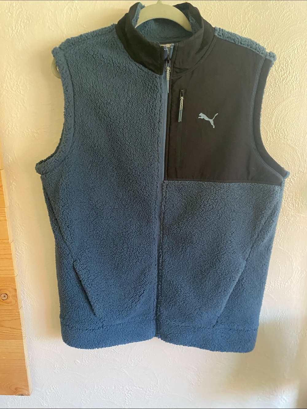 Puma Men's Blue Sherpa Fleece Vest with Black Chest Panel